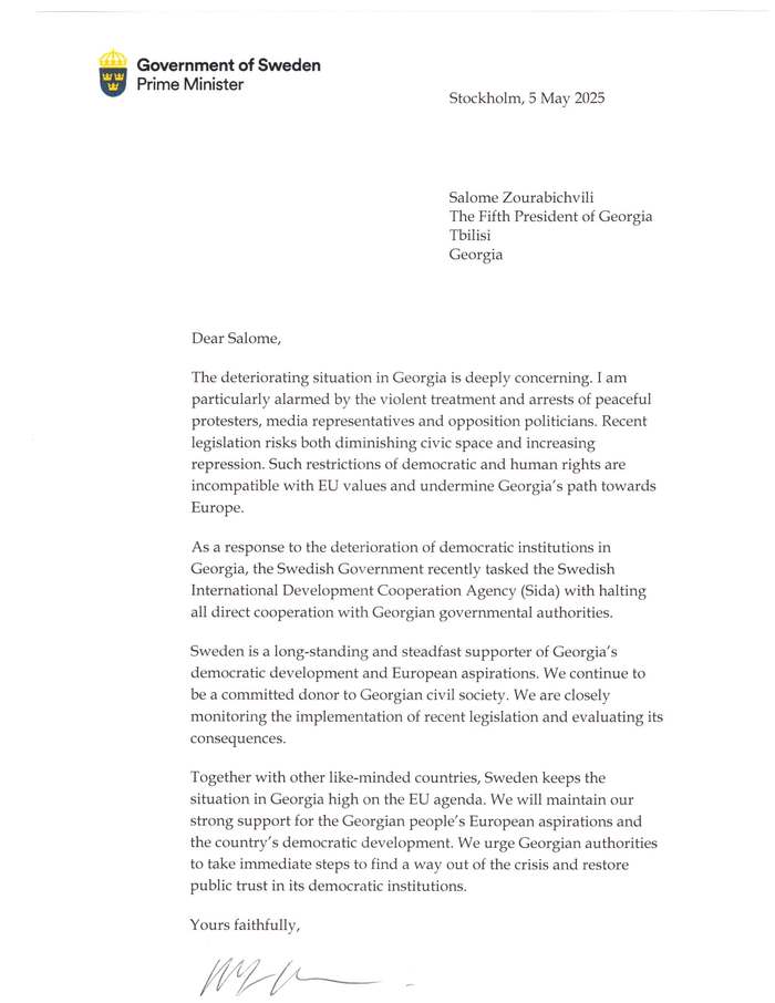 შვედეთის პრემიერის წერილი